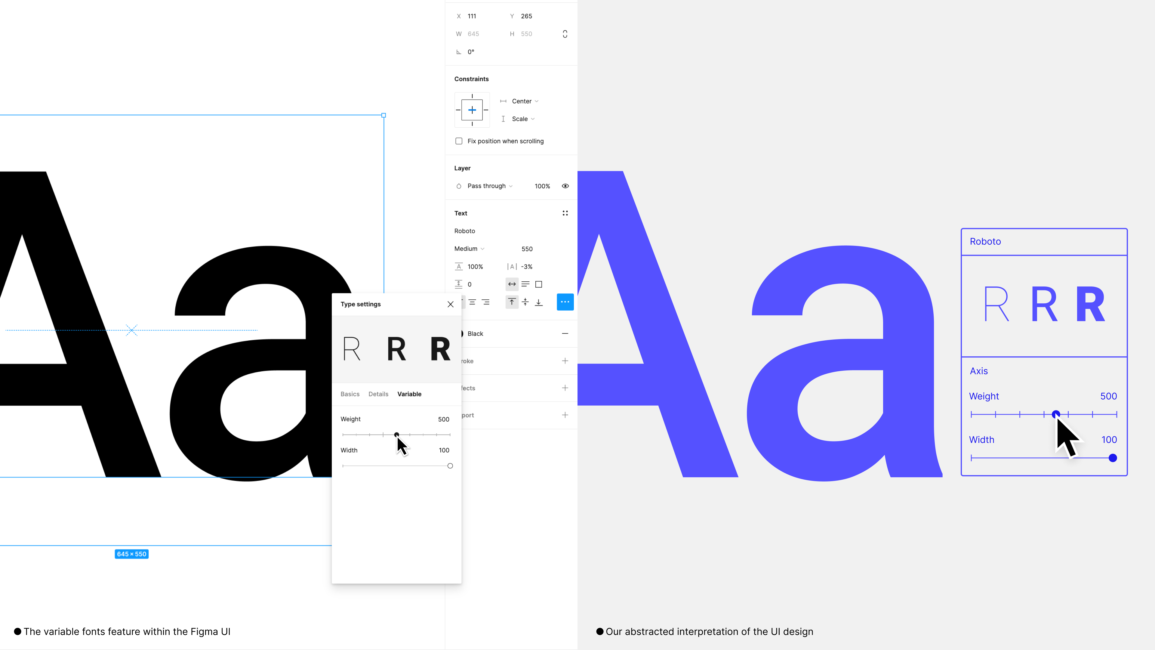 Preview of the variable fonts feature within the Figma app vs. our abstracted design