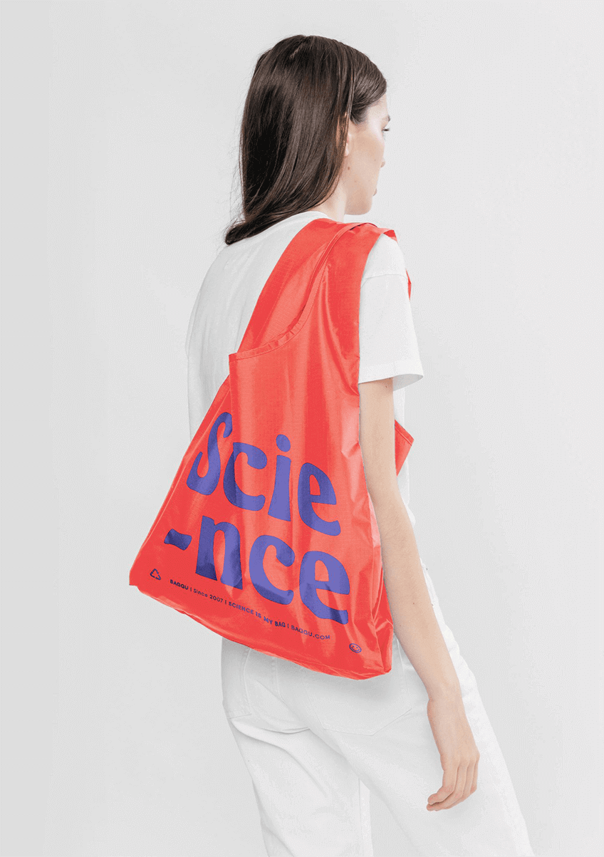 Cover for Baggu showing a woman with a red Baggu bag