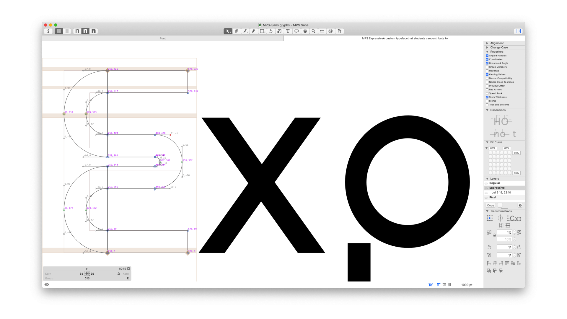 Detail view of the glyph editing in type software