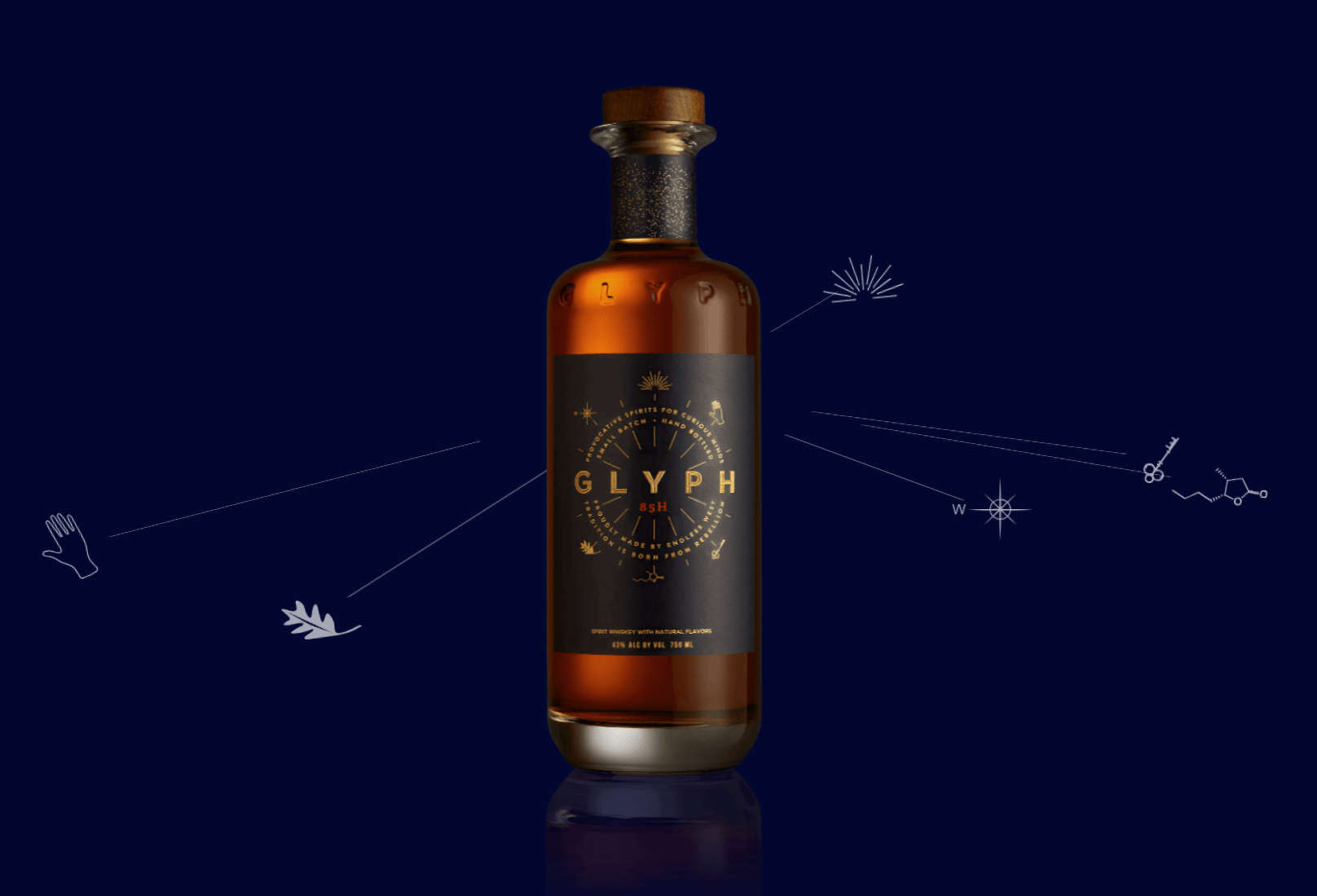 Endless West icons orbiting around a bottle of Glyph whisky