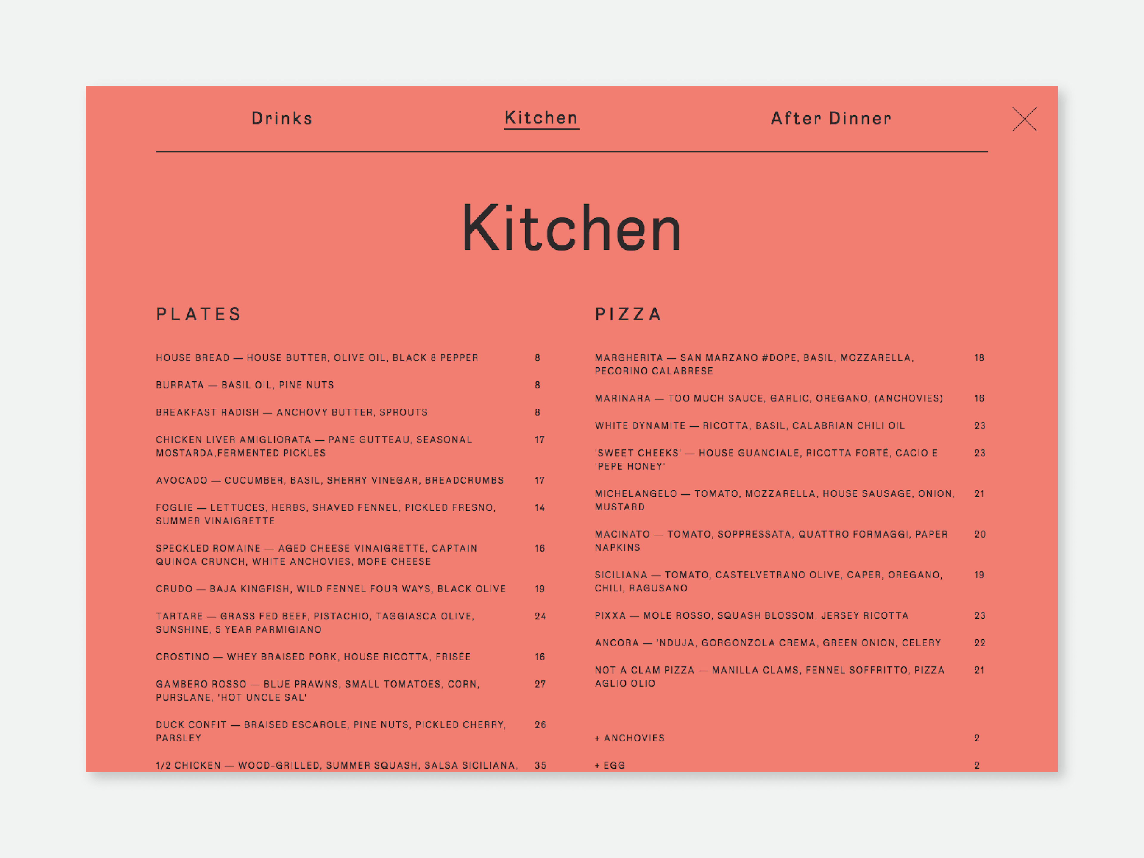 Kitchen menu page